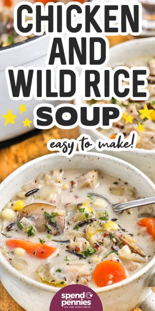 easy to make Chicken Wild Rice Soup with writing