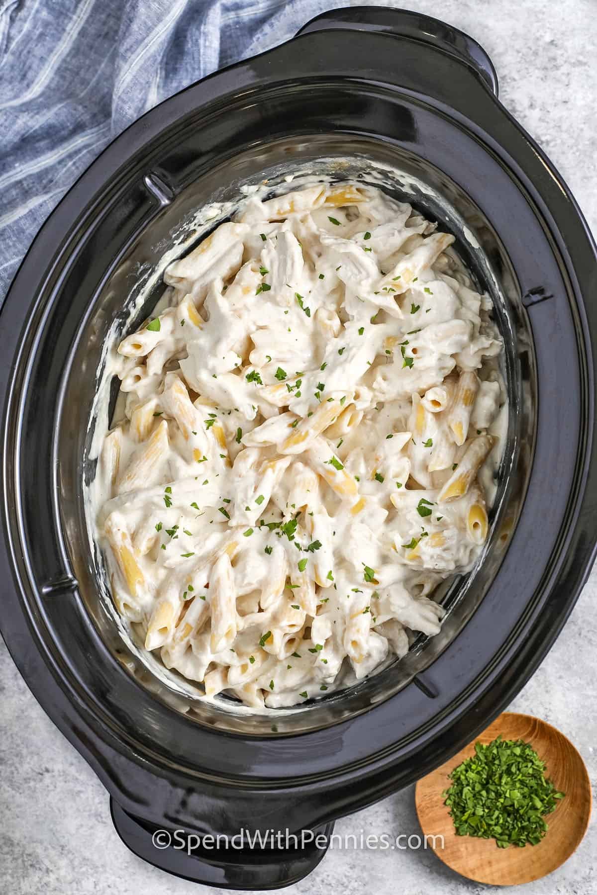 creamy Crock Pot Chicken Alfredo in the pot