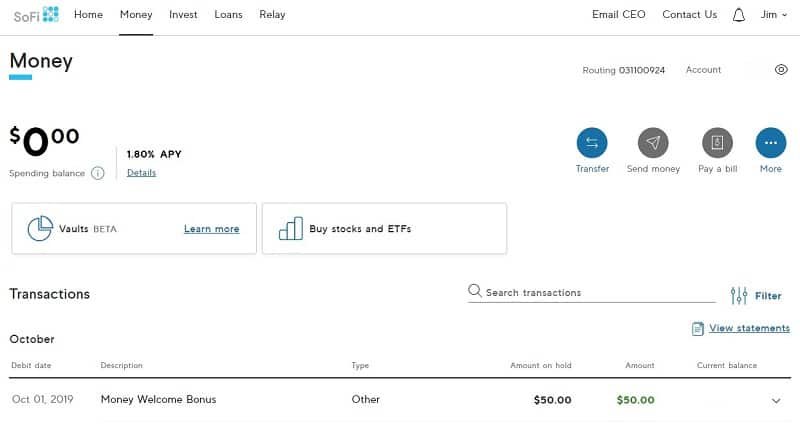 SoFi Money Dashboard