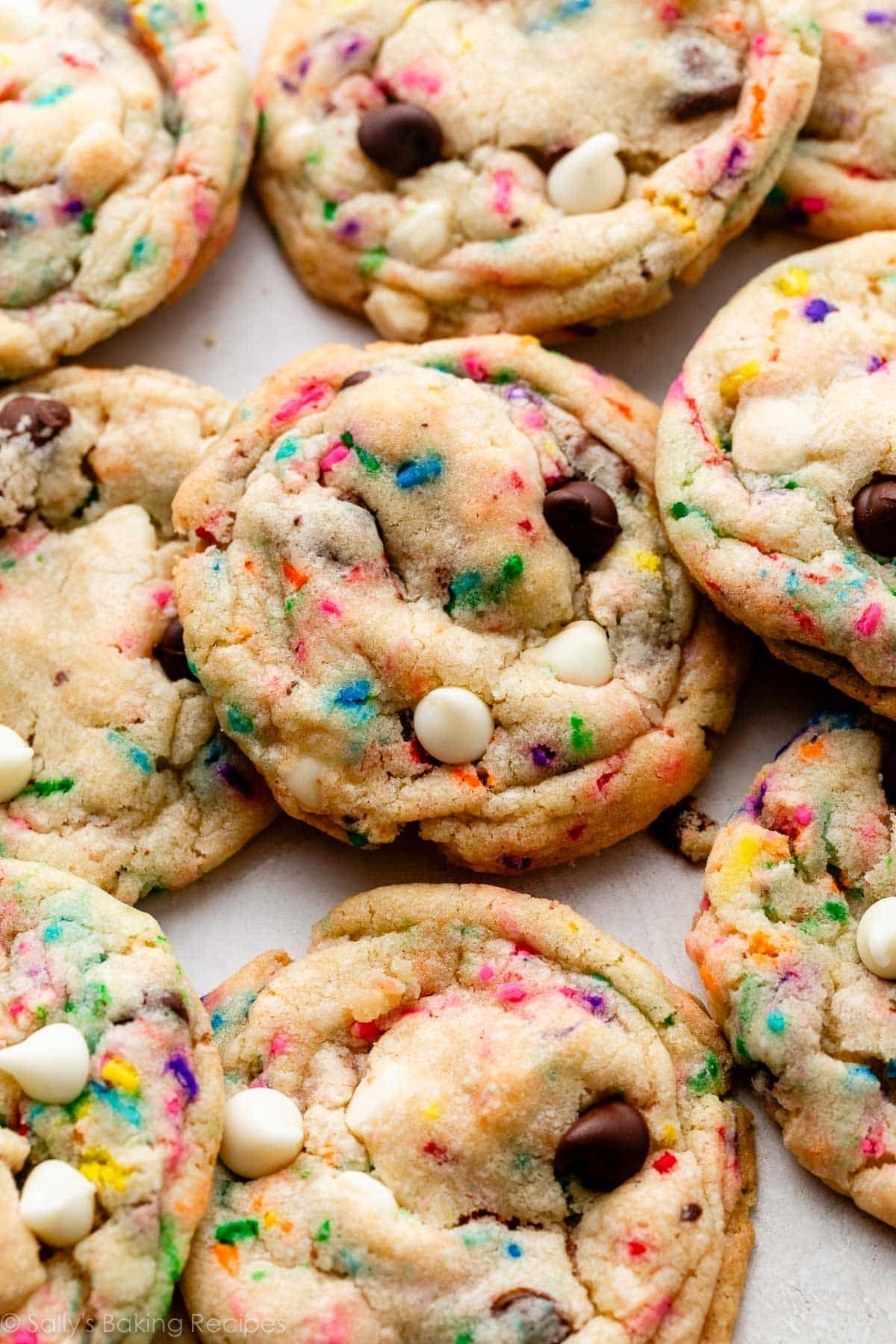 sprinkle chocolate chip cookies with white chocolate chips.