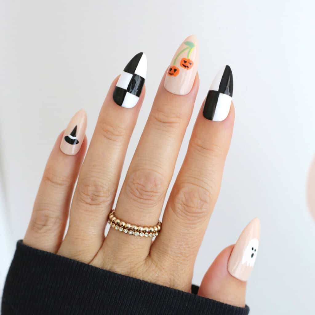 halloween fall checkered pumpkin nails