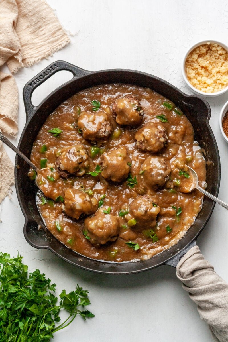 Homemade gravy with meat.