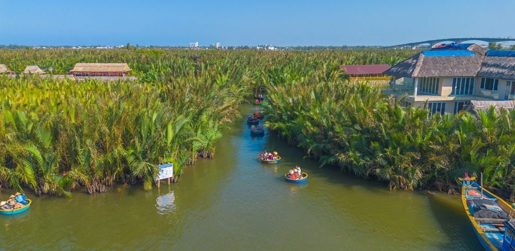 Aerial view of a coconut basket boat tour in Cam Thanh village, Hoi An, Vietnam.