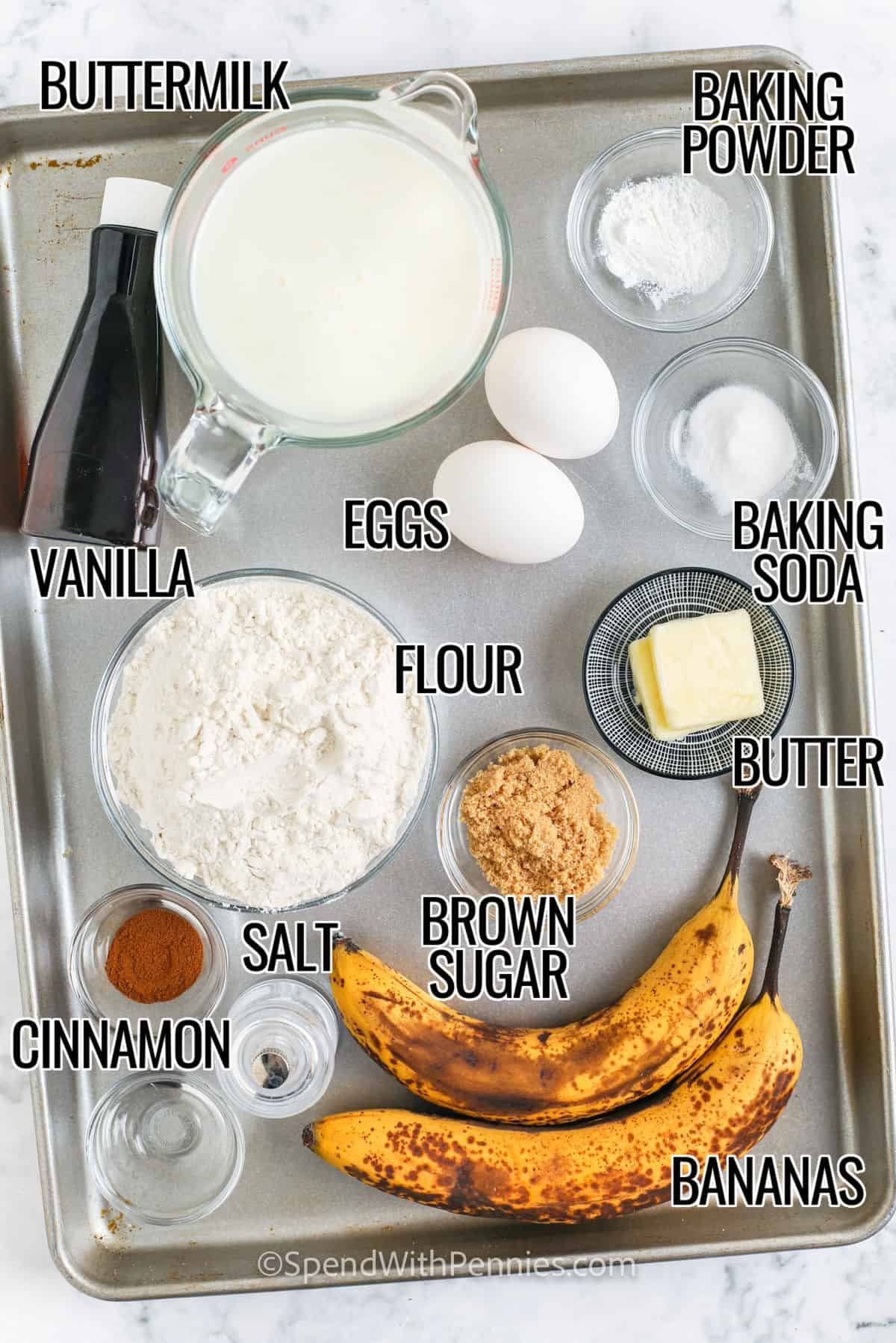 buttermilk , baking powder and soda , eggs , vanilla , flour , brown sugar , salt , cinnamon and bananas to make Banana Pancakes with labels